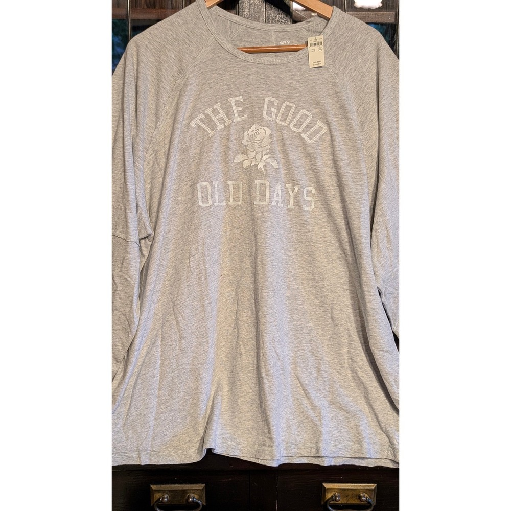 NWT Aerie The Good Old Days Graphic Long Sleeve T-Shirt Heather Grey L oversized - Picture 2 of 8